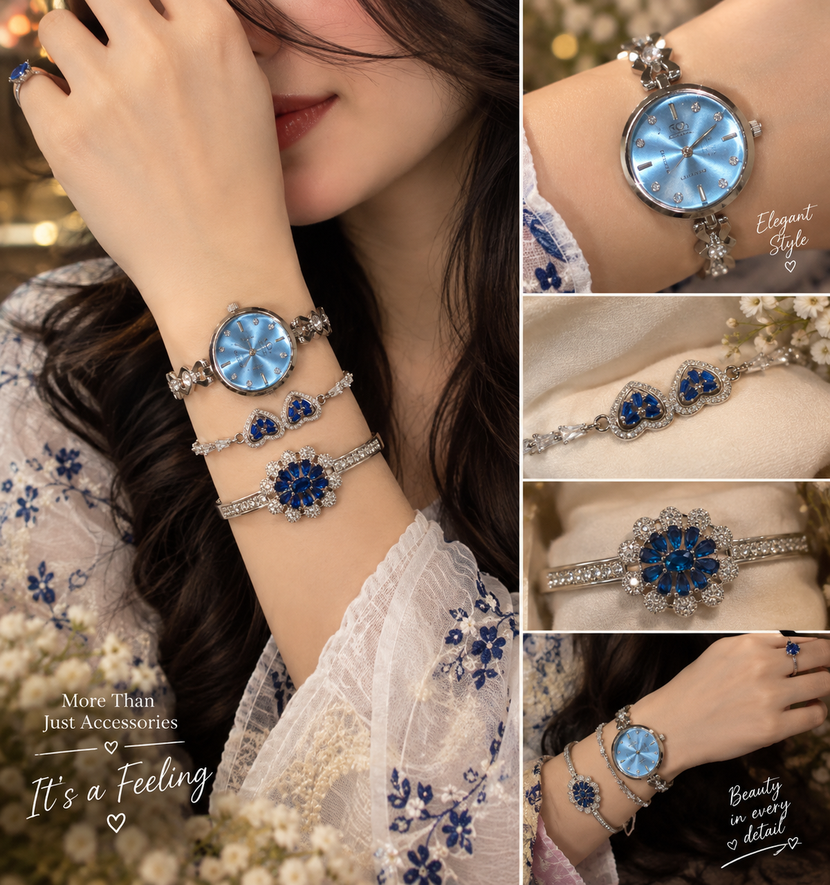 Elegant Silver Rhinestone Watch & Bracelet Jewelry Gift Set for Women