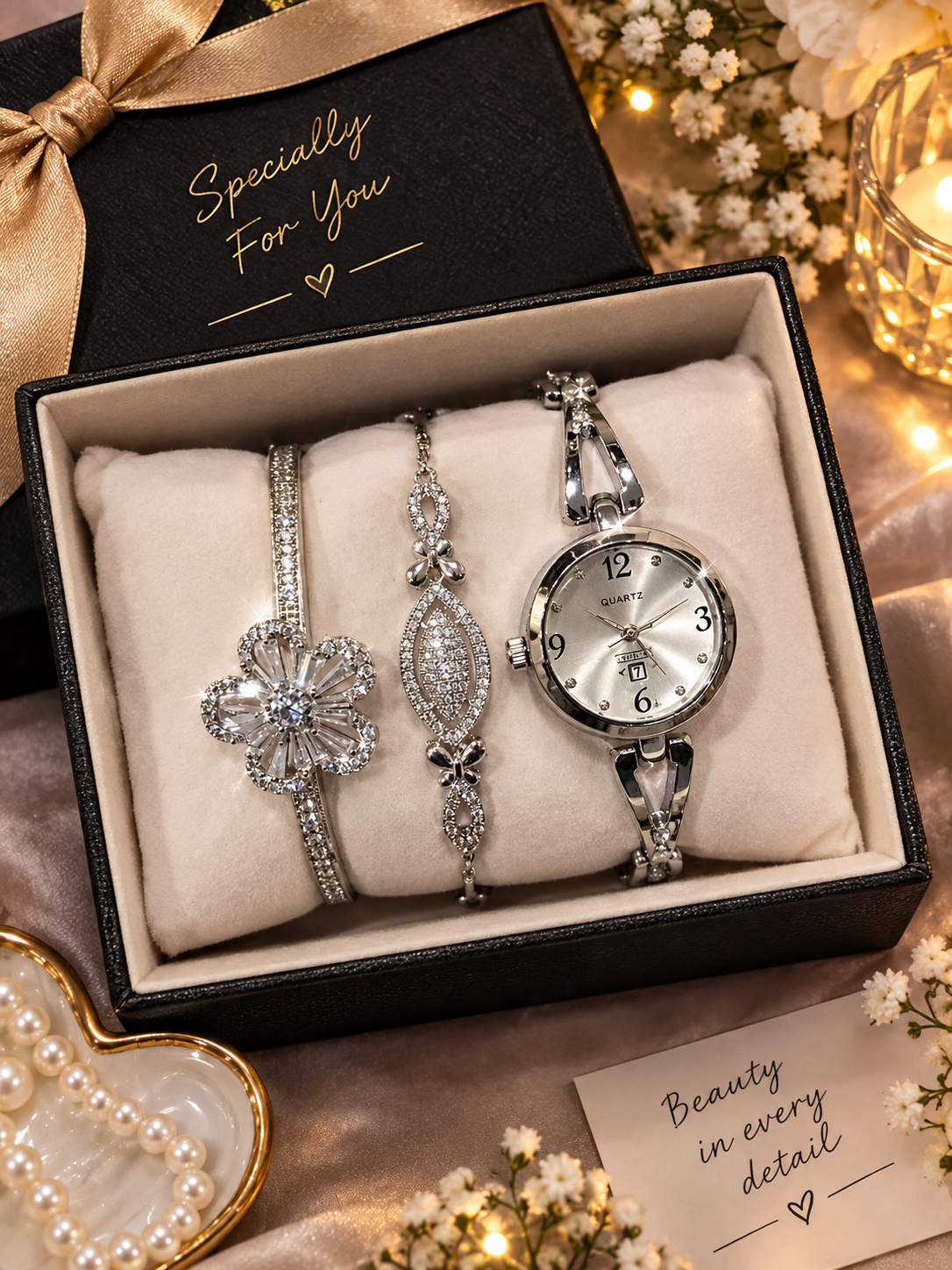 Elegant Silver Rhinestone Watch & Bracelet Jewelry Gift Set for Women