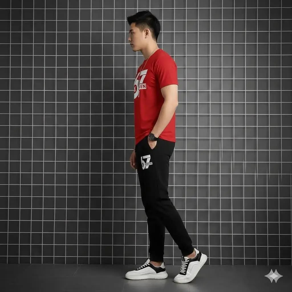 **Classic Men’s Casual Tracksuit Set – Red & Black**  Stylish and comfortable men’s 2-piece tracksuit set, perfect for casual wear, outings, and everyday fashion.