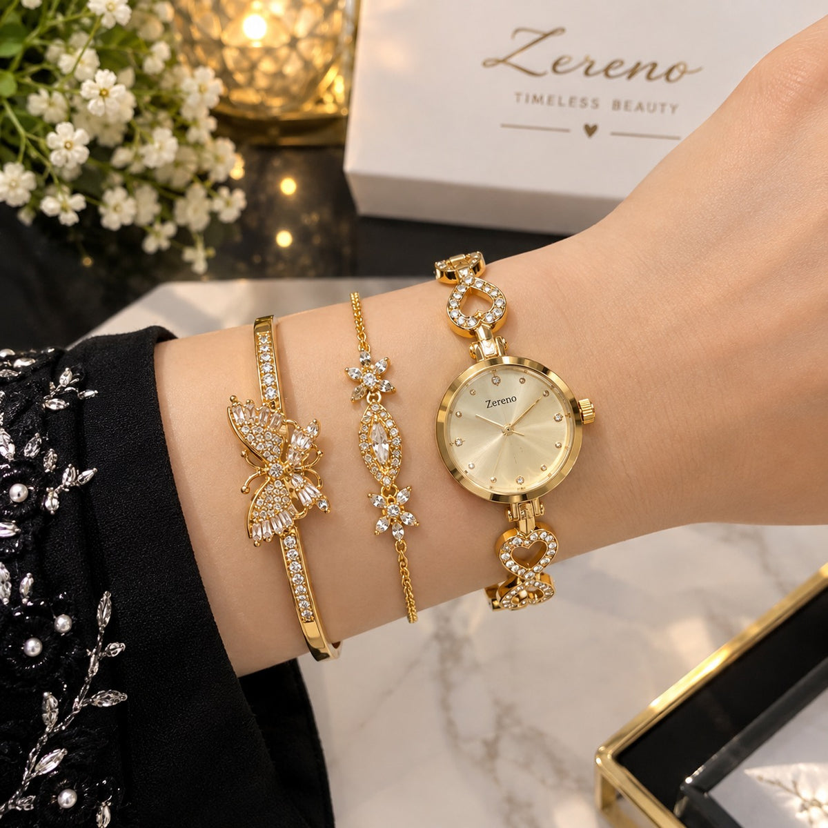 Elegant Silver Rhinestone Watch & Bracelet Jewelry Gift Set for Women