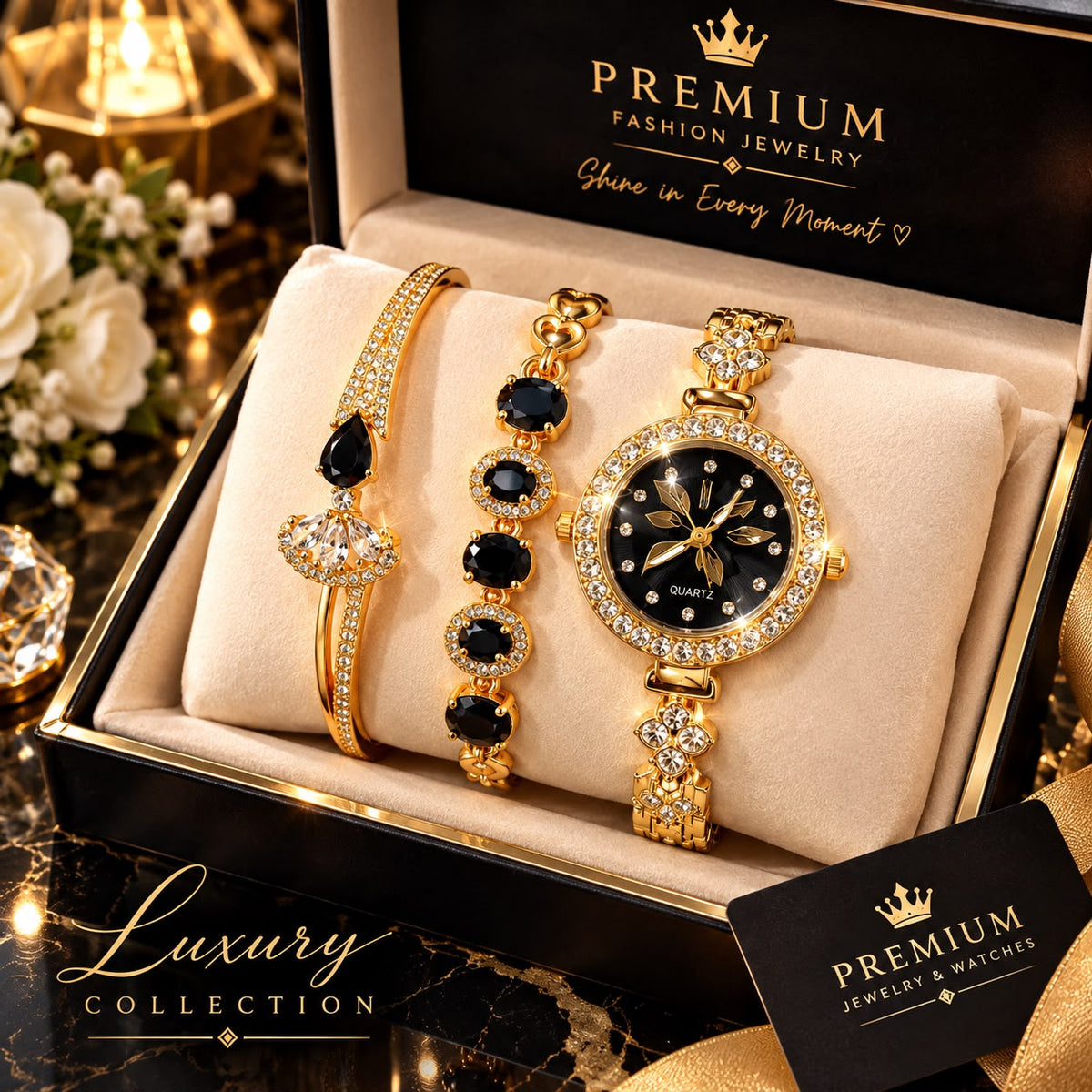 Elegant Silver Rhinestone Watch & Bracelet Jewelry Gift Set for Women