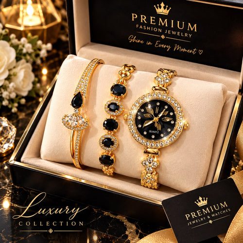 Elegant Silver Rhinestone Watch & Bracelet Jewelry Gift Set for Women
