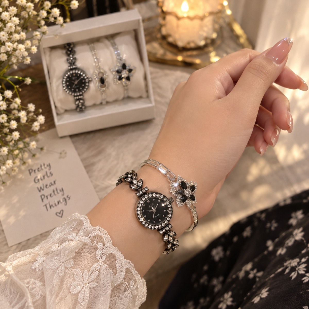 Elegant Silver Rhinestone Watch & Bracelet Jewelry Gift Set for Women